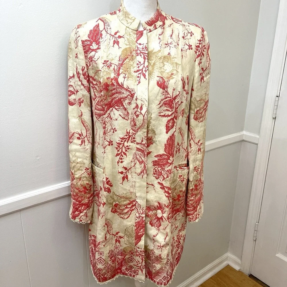 Sigrid Olsen Linen Coat Cream Coral Embroidery‎ Mandarin Collar Medium